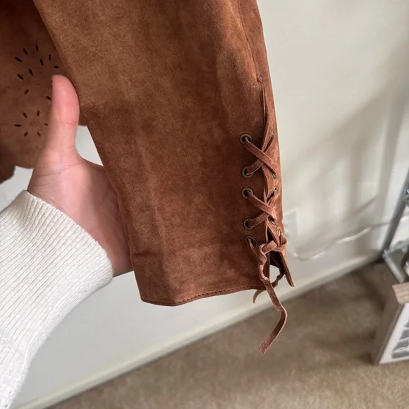 Siena studio lace front laser cut tan suede long sleeve western boho Top sz med - Picture 5 of 9
